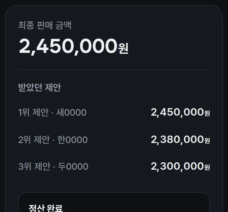 판매 완료 화면에 남은 1·2·3위 매입업체 제안 금액